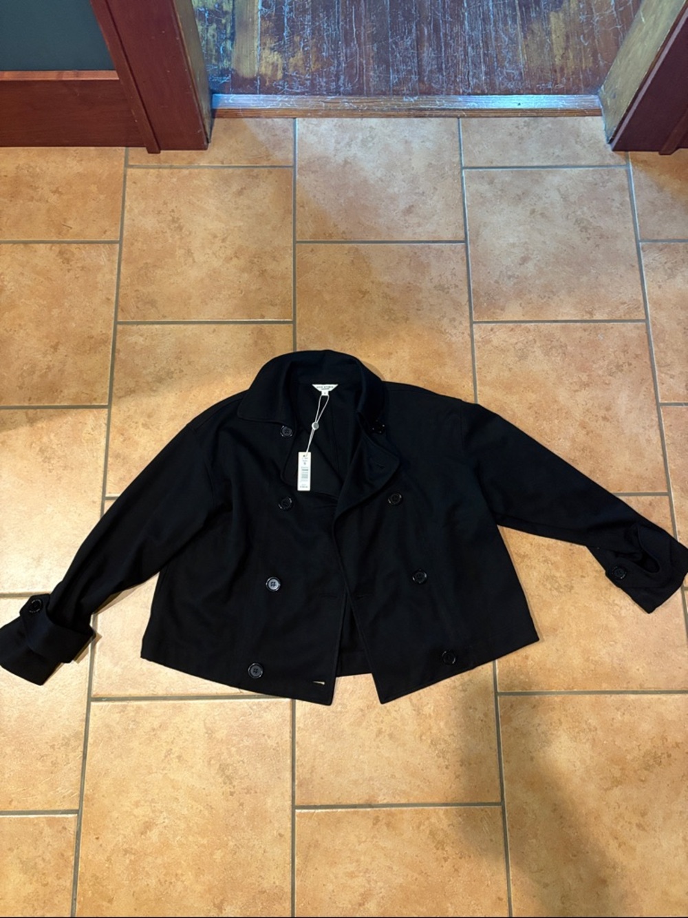 Max Studio Black Double-Breasted Cropped Pea Jacket